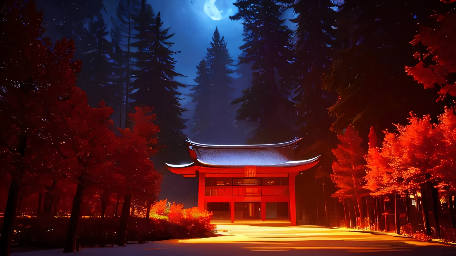 A detailed, serene Chinese temple door nestled in a lush red forest, surrounded by vibrant red flowers and towering red trees, with a mystical red moon shining overhead (best quality,4k,8k,highres,masterpiece:1.2),ultra-detailed,(realistic,photorealistic,photo-realistic:1.37),chinese temple,red forest,red flowers,higambana,red moon,wolf statue,intricate architectural details,dramatic lighting,ethereal atmosphere,vivid colors,cinematic composition