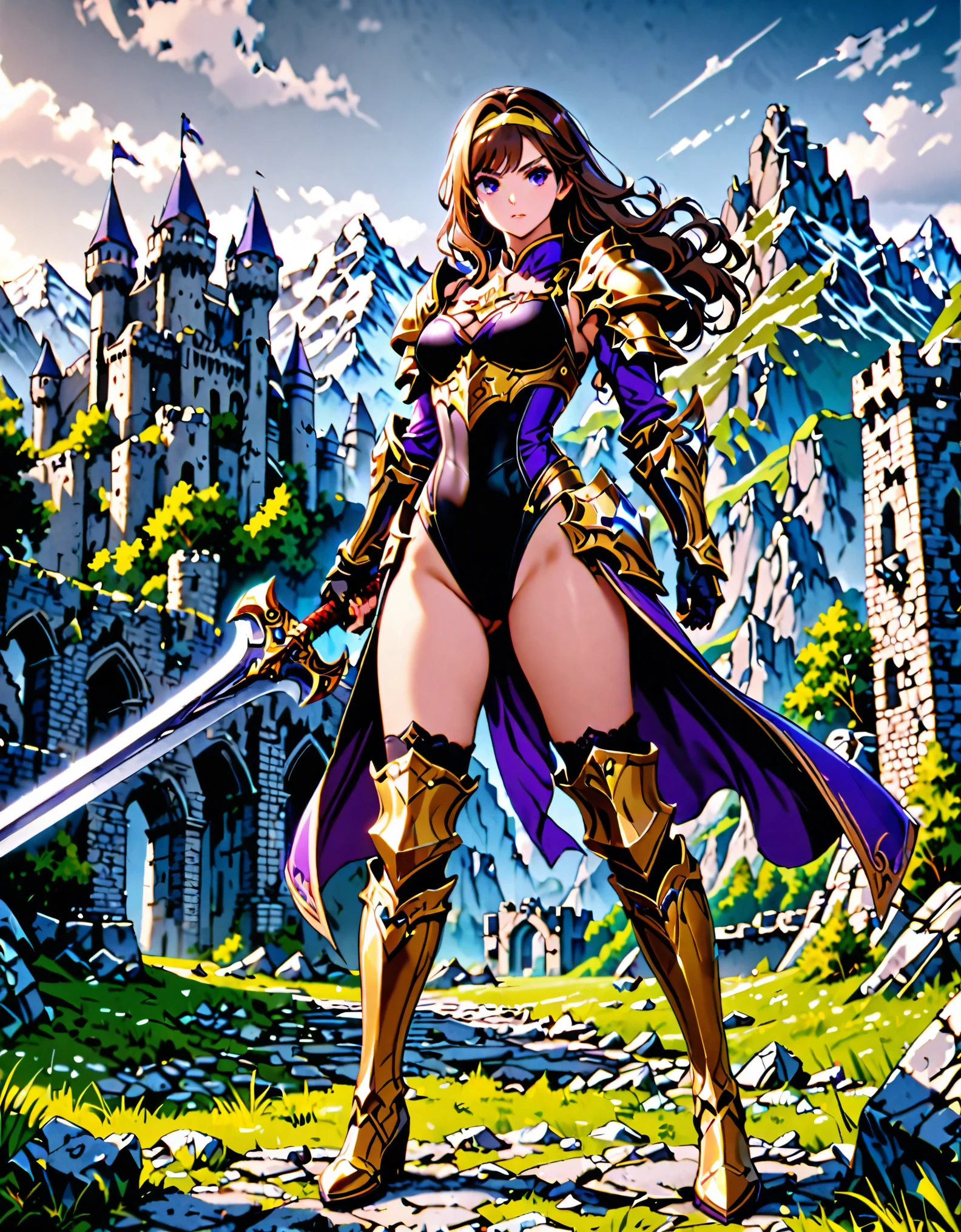 masterpiece, best quality, solo focus, 1girl, 22 years old, brown hair, (wavy hair, short hair), gold headband, purple eyes, beautiful detailed eyes, (gold medieval armor), (eagle (symbol) on chest), gauntlets, (leotard, black leotard, matching leotard, bare legs), (thighhigh leggings, boots, matching boots), standing, legs straight, (perfect hands, wielding sword, broad sword), mountain base backdrop, (ruined castle, ruins), solo, (perfect anatomy), (full body shot), cowboy shot.