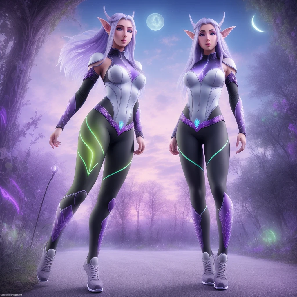 Wide angle full body photograph, T pose and with legs and feet visible of a purple skinned night elf tyrande whisperwind with grey hair, green eyes, with arms, hands, legs, feet, hands free, wearing leggins and sportshoes, photorealistic, beautiful face, high quality, 4k, hdr
