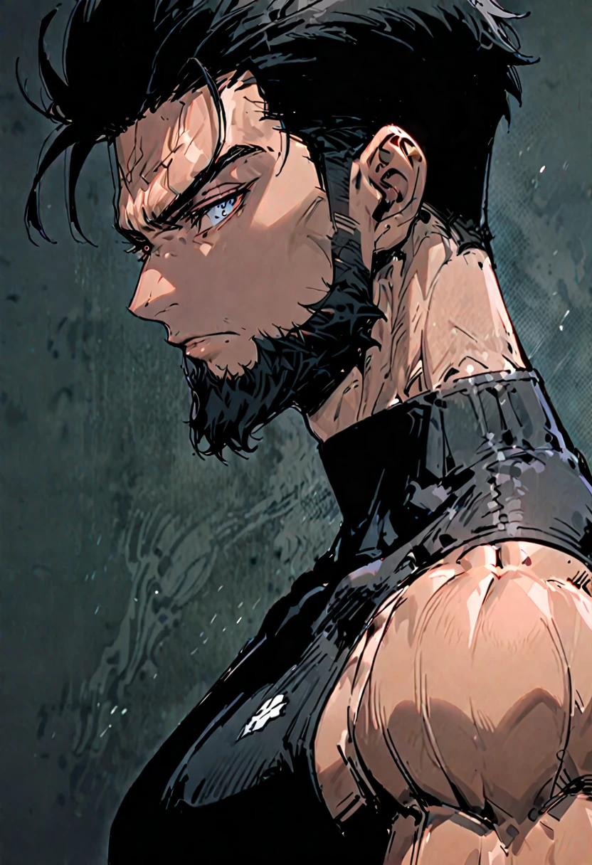 male, solo, medium shot, large male, profile picture, avatar, black hair, short beard, tan, muscular, trimmed hair, serious, extremely tall, 7 foot tall,