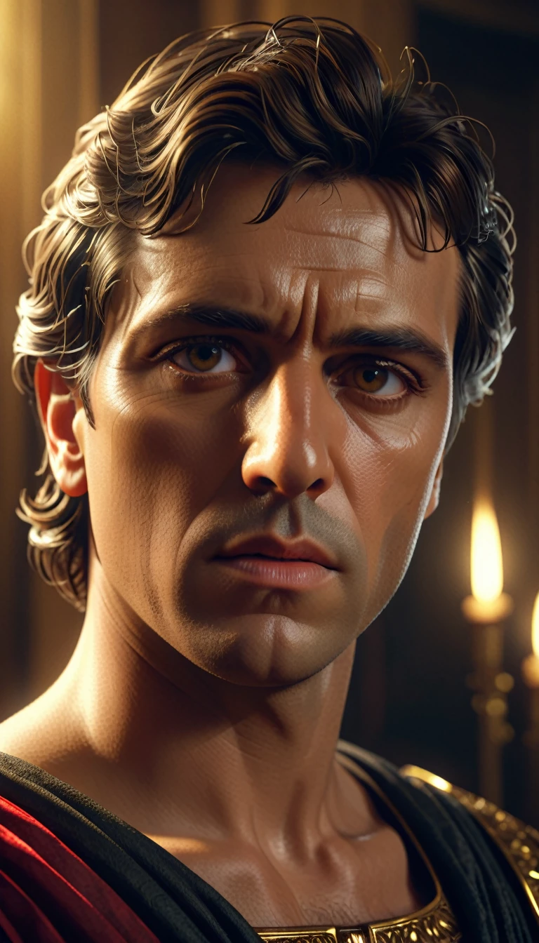 Caesar's Idolization of Alexander: Delve into Julius Caesar's admiration for Alexander, his ambitious rise to power, and the tragic betrayal that unfolded in the Roman Senate, leading to his brutal assassination, digital UHD (64k) image, cinematic film still dramatic side lighting, dramatic intense stare closeup portrait,  hdr,  shallow depth of field, vignette, highly detailed, high budget Hollywood film, cinemascope, moody, epic, gorgeous
, Highly detailed and clean, Photorealistic and cinematic masterpiece, professional photography, realistic, realism, 200k , Raytracing and light effect, digital, perfect composition, beautiful detailed intricate insanely detailed octane render trending on artstation, 8 k artistic photography, photorealistic concept art, soft natural volumetric cinematic perfect light, award - winning photograph, masterpiece, raphael, caravaggio, greg rutkowski, beeple, beksinski, giger