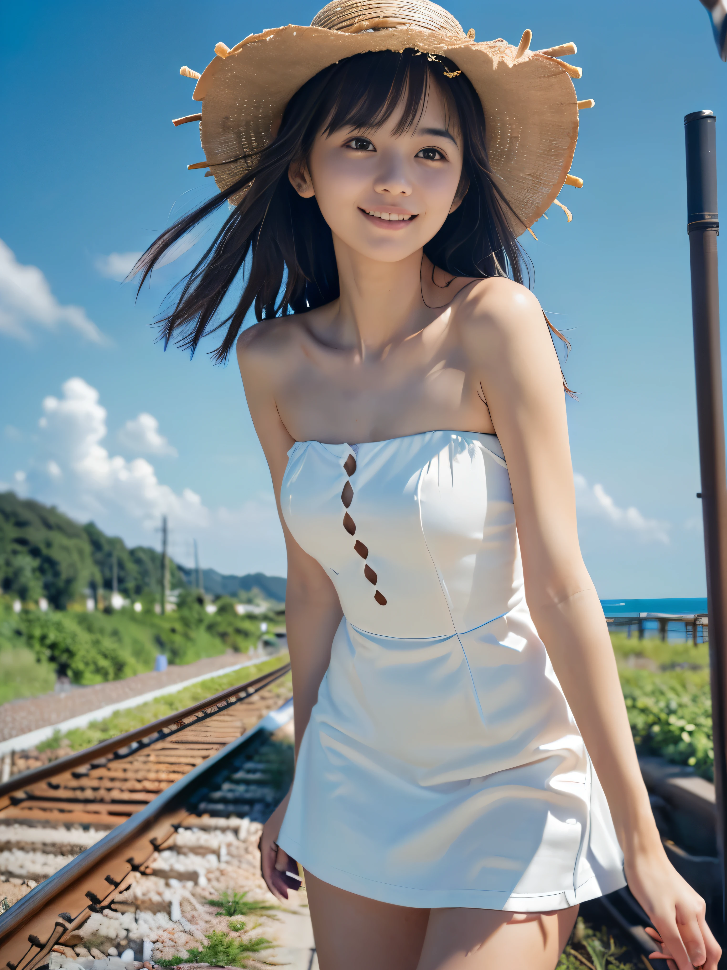 (Super close up face shot of slender small-breasted two side up medium black hair with bangs girl wearing a white tube top dress with straw hat:1.5)、(One girl is leaning forward along the single railroad tracks with small smile in Japan:1.5)、(Summer beautiful blue sky and sea:1.5)、(blurred background:1.5)、(8k ultra detailed master piece:1.5)、(perfect anatomy:1.5)、(Photorealistic stick:1.5)、(Raw photo:1.3)、(highest quality:1.5)、(High resolution:1.3)、(Delicate and beautiful perfect face:1.3)、(Delicate and beautiful eye air skin:1.3)、(Real Human Skin:1.3)、((thin legs))