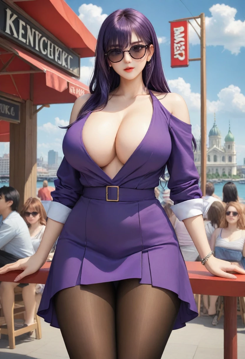 masterpiece, highest quality,Kentucky Fried Chicken, One girl, 前hair, just_shoulder, skirt, chest, gloves, jewelry, big_chest, length_hair, length_sleeve, pantyhose, purple_eye, purple_hair, shirt, alone,Audience,sunglasses,bikini, (sun, cloud,A renaissance city on the waterfront,Outdoor :1.1),Rendering in Blender((Isoscale)),