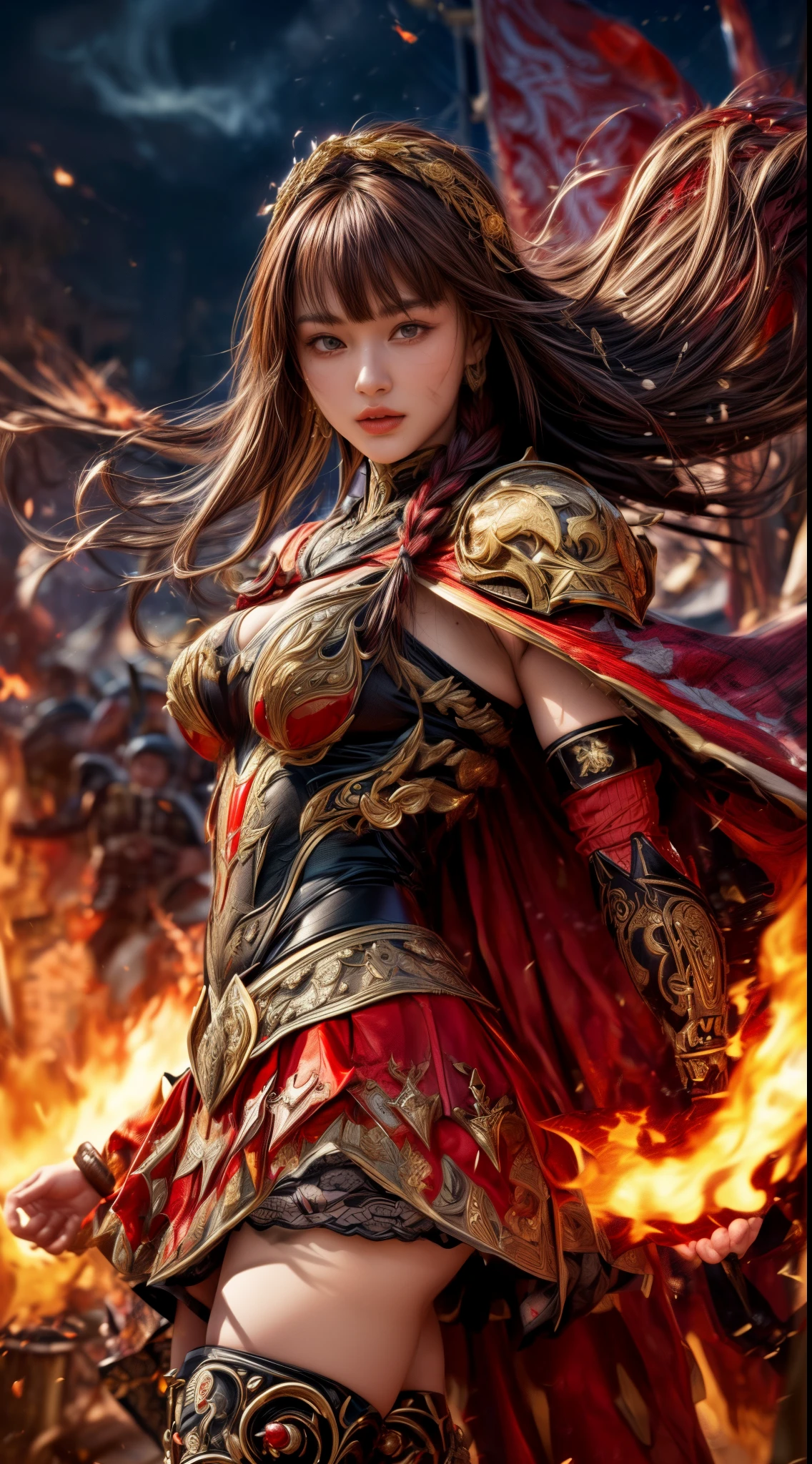 Very beautiful woman、Slender women、(Detailed face)、Realistic Skin、((Knight of Fire)), (((Red Armor:1.25)))、((((Black armor with very fine and intricate decoration))))、((Delicate photo))，(Girl Astepeace RAW Photo Details:1.25), (highest quality:1.6), (超A high resolution:1.5), (Realistic:1.75), 8K resolution, Canon EOS R5, 50mm, Absurd, Ultra-detailed,Cinema Lighting,Battlefields of Medieval Europe、((battle))、RPG World、Final Fantasy、(((Embellished skirt)))、Thigh-high socks、Shin Guards、night、((too long bangs))、((One long thick dark red hair braid))、Get six-pack、Torn Cloak、Beautiful Armor、(((Giant Sword)))、In combat、The wind is blowing、(((Inferno filling the entire area)))、(((Leading a large group of red knights)))、(((Knight Commander)))、Armor with a Phoenix motif、Old scar on right cheek:1.2、((Fire blaze))