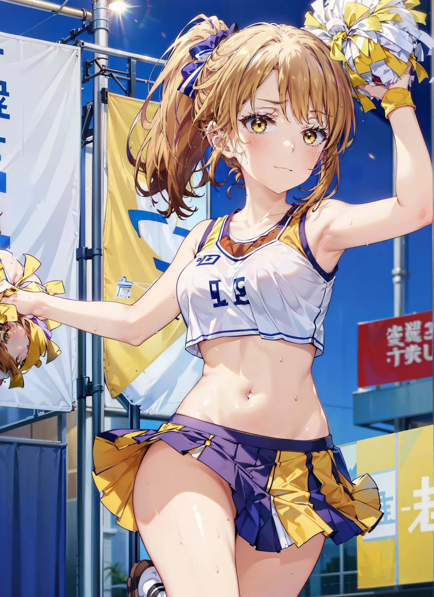irohaisshiki, isshiki iroha, Long Hair, ponytail,Brown Hair, (Brown eyes:1.5), smile,Open your mouth,Pom-pomを両手に持っている,(Very delicate eyes), (Cheerleader), (whole body), Big Breasts, Lower, (Sweaty), Sweaty Wet Clothes, (Yellow clothes), Pleated skirt, Striped socks,sneakers,Belly button support, playground, (Jump), (Jump), 足を曲げてJumpする,Cheerleader, Pom-pom \(Cheerleader\), break outdoor ,Arena,運動場
break looking at viewer,
break (masterpiece:1.2), highest quality, High resolution, unity 8k wallpaper, (shape:0.8), (Beautiful and detailed:1.6), Highly detailed face, Perfect lighting, Highly detailed CG, (Perfect hands, Perfect Anatomy),