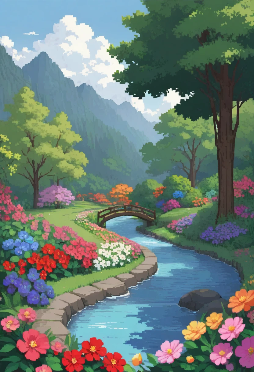 Pixel Art Generates beautiful and serene garden images, With colorful flowers, Gentle creek, and the sounds of nature. Showing calm, Life, And the beauty of a perfect day.