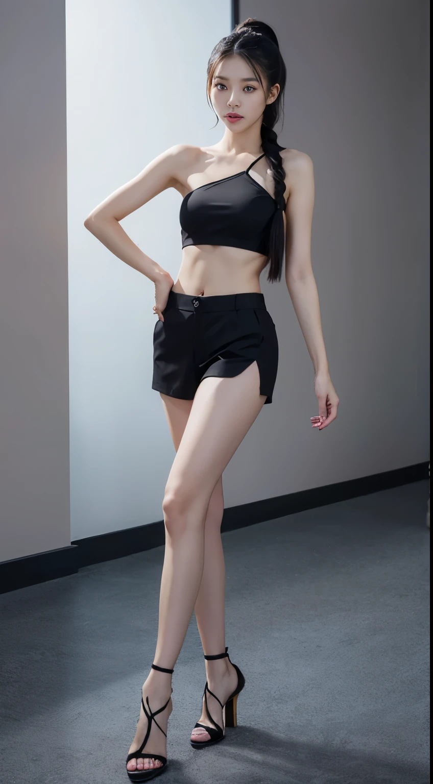 Chinese-Japanese mixed-race high heels jazz dancer model,Black clothes,Black shorts,Black extra-high heels,Super beautiful,fit,Slim abs,long hair,Small waist,beautiful,full-body shot,Clothes are slim-fitting,Smooth lines,The curve is obvious,Long legs,slender legs,beautiful侧面曲线。Wearing a high ponytail,braid,Do ballet moves。Hips,Peach hips