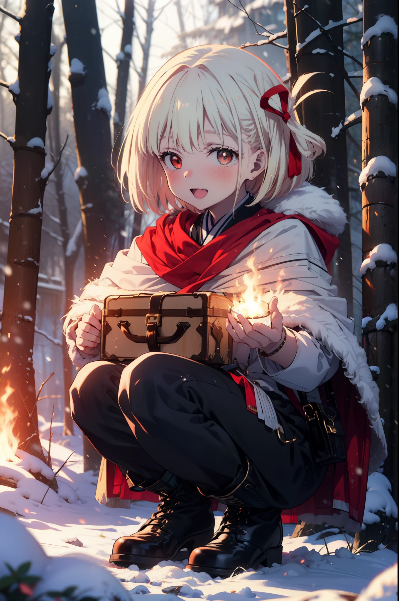 chisatonishikigi, Chisato Nishikigi, short hair, bangs, blonde, (Red eyes:1.5), Hair Ribbon, One side up, Bobcut,smile,blush,happy smile, smile, Open your mouth,
White Breath, Open your mouth,snow, Ground bonfire, Outdoor, boots, snowing, From the side, wood, suitcase, Cape, Blurred, Increase your meals, forest, White handbag, nature, Squat, Mouth closed, フードed Cape, winter, Written boundary depth, Black shoes, red Cape break looking at viewer, Upper Body, whole body, break Outdoor, forest, nature, break (masterpiece:1.2), highest quality, High resolution, unity 8k wallpaper, (shape:0.8), (Beautiful and beautiful eyes:1.6), Highly detailed face, Perfect lighting, Highly detailed CG, (Perfect hands, Perfect Anatomy),