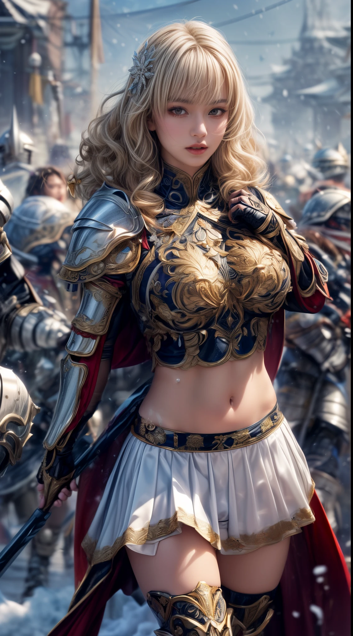 Very beautiful woman、Slender women、(Detailed face)、Realistic Skin、((holy knight)), ((Pearl White Armor))、((((Black armor with very fine and intricate decoration:1.1))))、((Delicate photo))，(Girl Astepeace RAW Photo Details:1.25), (highest quality:1.6), (超A high resolution:1.5), (Realistic:1.75), 8K resolution, Canon EOS R5, 50mm, Absurd, Ultra-detailed,Cinema Lighting,((battlefield))、((battle))、(((White skirt with embellishments)))、Thigh-high socks、Shin Guards、((Blonde))、((Curly Hair))、((Drill Hair))、((Wavy short hair with bangs,))、Get six-pack、Cape、Beautiful Armor、(((Has a huge weapon)))、(In combat)、The wind is blowing、((Symmetrical Armor))、((((Blizzard))))、(((Leading a large group of knights:1.2)))、Banner、Armor with a snow and ice motif、(((Battle Scene)))、((nsfw:1.2))、(((Underwear visible:1.3)))