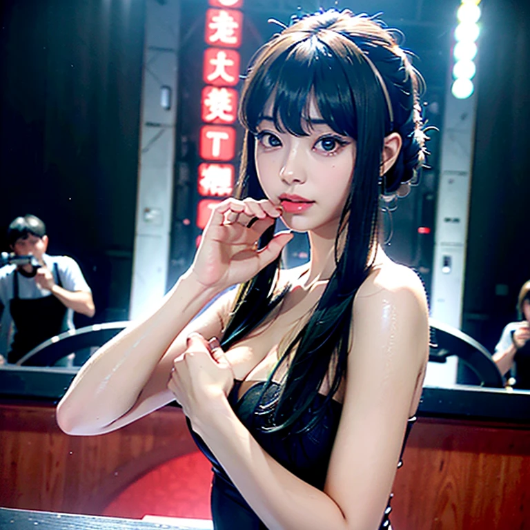 (8k, RAW photograph, highest quality, masterpiece:1.3),(Genuine,photograph:1.37),(Looking at the audience:1.331),Pause,One girl,とてもbeautiful顔,small,Hair weight,Fluffy hair,Random representation,Smile with the corners of your mouth,Big eyes,highest quality Hair,((highest quality)), ((masterpiece)), (detailed), whole body、wallpaper、Attention to detail、Perfect balance、Tight waist、Chestnut Hair、beautiful, Beautiful Skin、beautiful white skin、(masterpiece:1.3), 一眼レフphotograph、Best image quality: 1.4, (Rough long hairstyle:1.2)、(Soft Breasts)、small胸、Cleavage:1.2、Spy x Family Yol Forger Costume、Spy x Family、She delivers a spin kick.、Black Dress、In combat