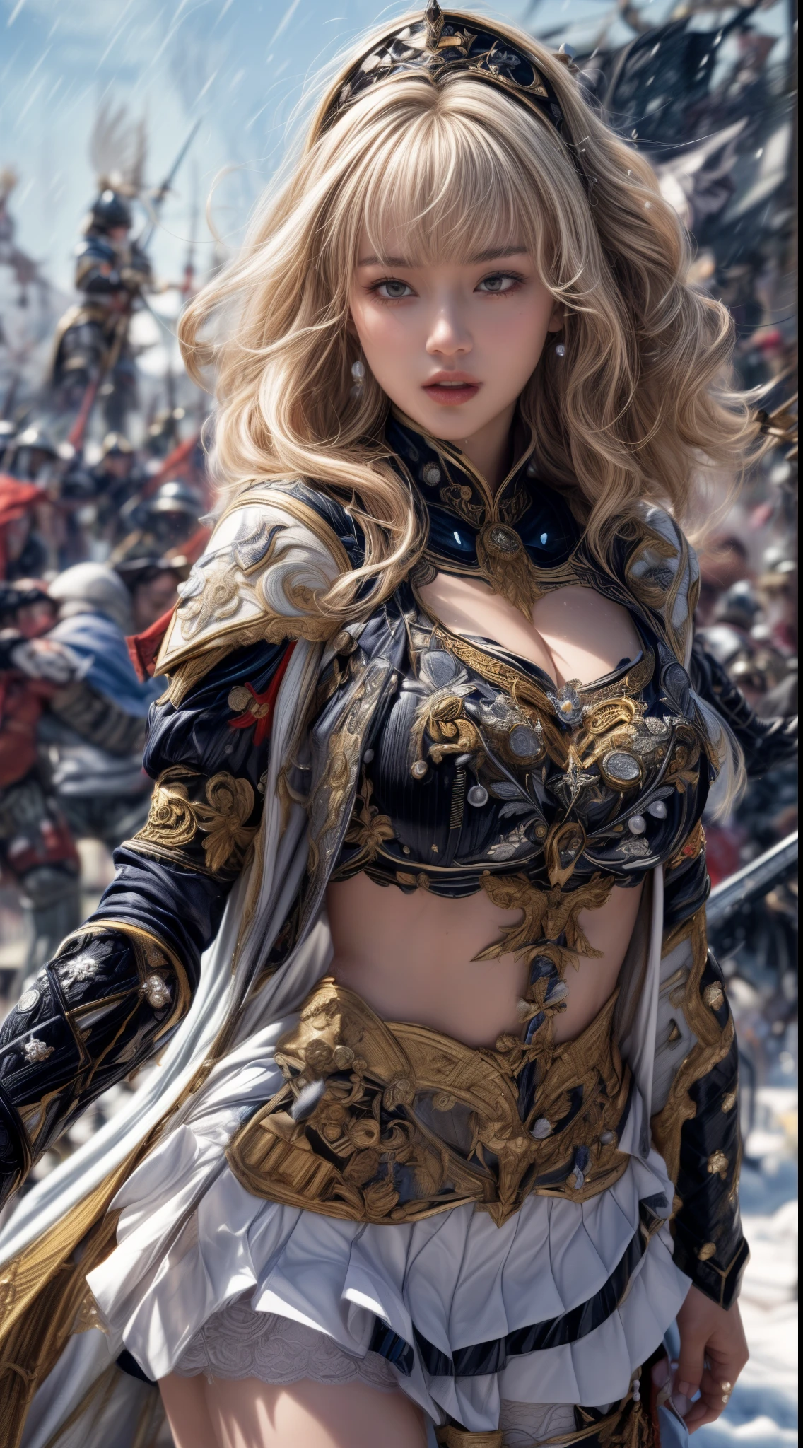 Very beautiful woman、Slender women、(Detailed face)、Realistic Skin、((holy knight)), ((Pearl White Armor))、((((Black armor with very fine and intricate decoration:1.1))))、((Delicate photo))，(Girl Astepeace RAW Photo Details:1.25), (highest quality:1.6), (超A high resolution:1.5), (Realistic:1.75), 8K resolution, Canon EOS R5, 50mm, Absurd, Ultra-detailed,Cinema Lighting,((battlefield))、((battle))、(((White skirt with embellishments)))、Thigh-high socks、Shin Guards、((Blonde))、((Curly Hair))、((Drill Hair))、((Wavy short hair with bangs,))、Get six-pack、Cape、Beautiful Armor、(((Has a huge weapon)))、(In combat)、The wind is blowing、((Symmetrical Armor))、((((Blizzard))))、(((Leading a large group of knights:1.2)))、Banner、Armor with a snow and ice motif、(((Battle Scene)))、((nsfw:1.2))、(((Underwear visible:1.3)))