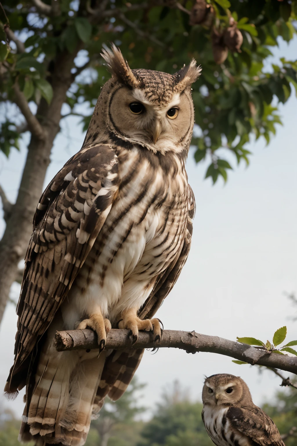 En esta imagen, a scene is depicted in which forest animals gather around a clearing, with tall, leafy trees in the background. En el centro de la escena, the wise owl is perched on a branch, with a serious expression as he speaks to the assembly of animals around him. Se puede ver una variedad de animales, Like the Lion, la gacela, el zorro y el castor, listening carefully to the owl's words.