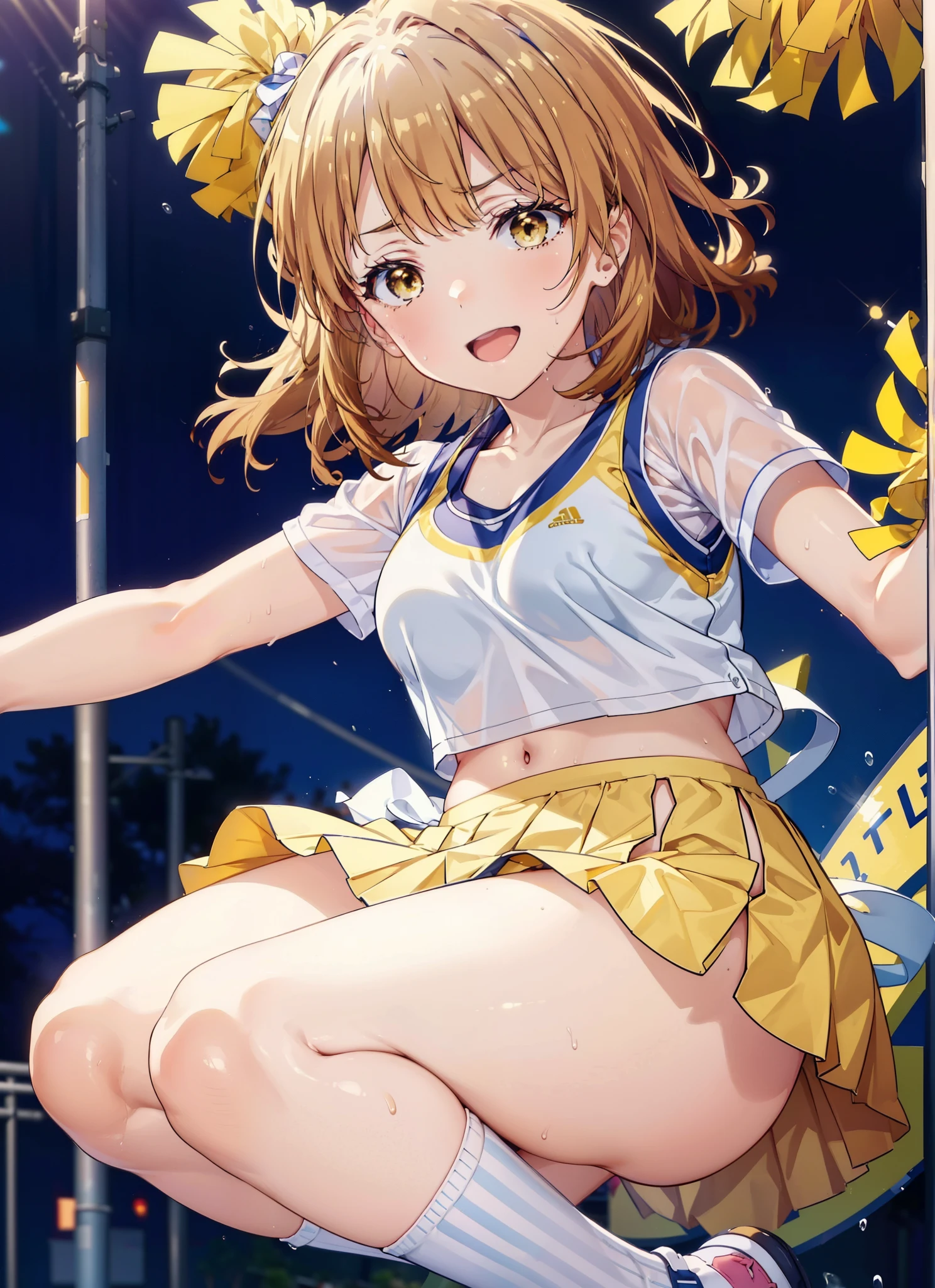irohaisshiki, isshiki iroha, Long Hair, ponytail,Brown Hair,happy smile, smile, Open your mouth, (Brown eyes:1.5), smile,Open your mouth,Pom-pomを両手に持っている,(Very delicate eyes), (Cheerleader), (whole body), Big Breasts, Lower, (Sweaty), Sweaty Wet Clothes, (Yellow clothes), Pleated skirt, Striped socks,sneakers,Belly button support, playground, (Jump), (Jump), 足を曲げてJumpする,Cheerleader, Pom-pom \(Cheerleader\), break outdoor ,Arena,運動場
break looking at viewer,
break (masterpiece:1.2), highest quality, High resolution, unity 8k wallpaper, (shape:0.8), (Beautiful and detailed:1.6), Highly detailed face, Perfect lighting, Highly detailed CG, (Perfect hands, Perfect Anatomy),