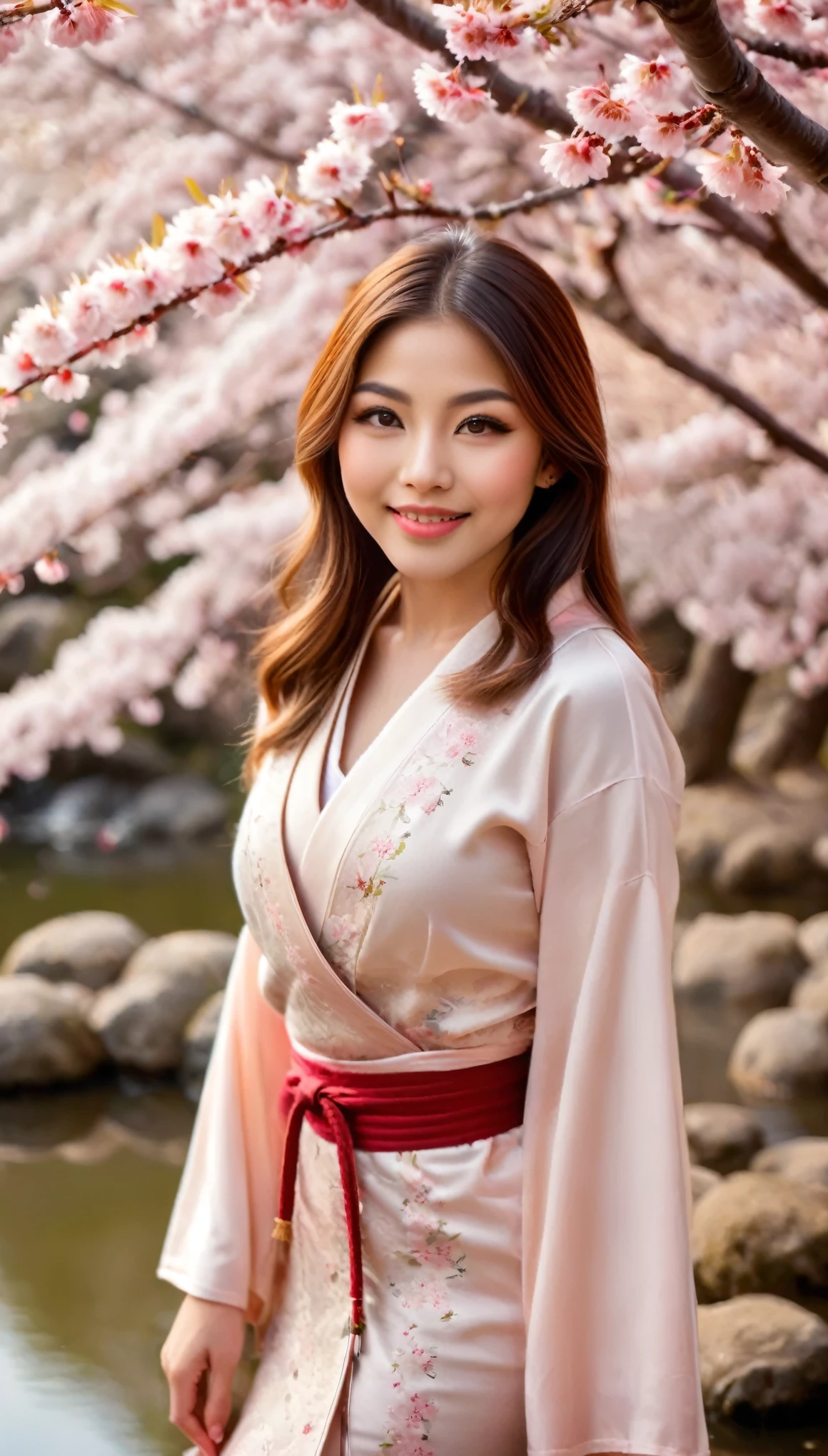 1girl in a tranquil japanese garden during cherry blossom season,beautiful detailed eyes,beautiful detailed lips,extremely detailed face and skin, smiling, ((cherry blossoms floating in the air:1.5)),natural beauty,serenity,photorealistic,masterpiece,vibrant colors,warm lighting,cinematic,highly detailed,professional photography. distant full body view