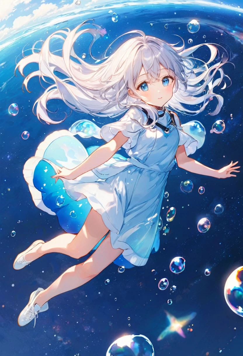 Space Sky Sea Floating Bubbles Long Silver Hair Blue Eyes 2D Anime Girl Calm Expression Full Body Hair Fluttering