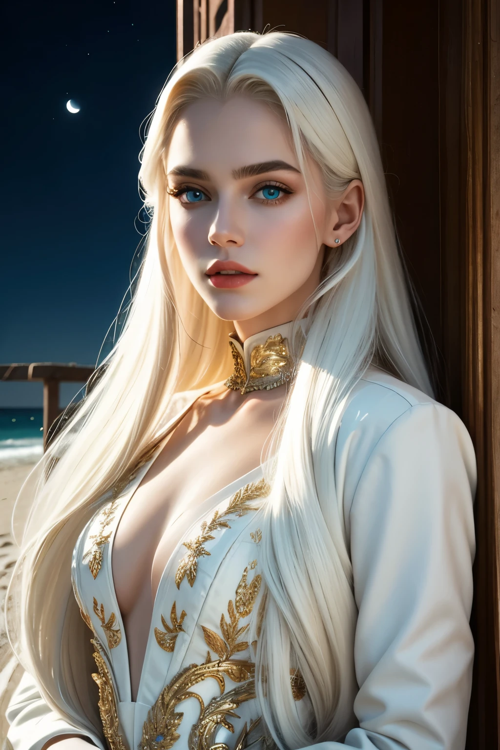 masterpiece, highest quality, (solo focus), (perfect face:1.1), (high detail:1.1), (hyper detailed eyes), dramatic, 1guy, (pale skin), long white hair, ethereal eyes, (light eyebrows), solo, long hair, JTiago Azevedo, moon, night, white luxury suit, pouty lips, fur, proud expression,beach, detailed background, art by artgerm, cinematic lighting, roses, fashion, BalenciagaStyle