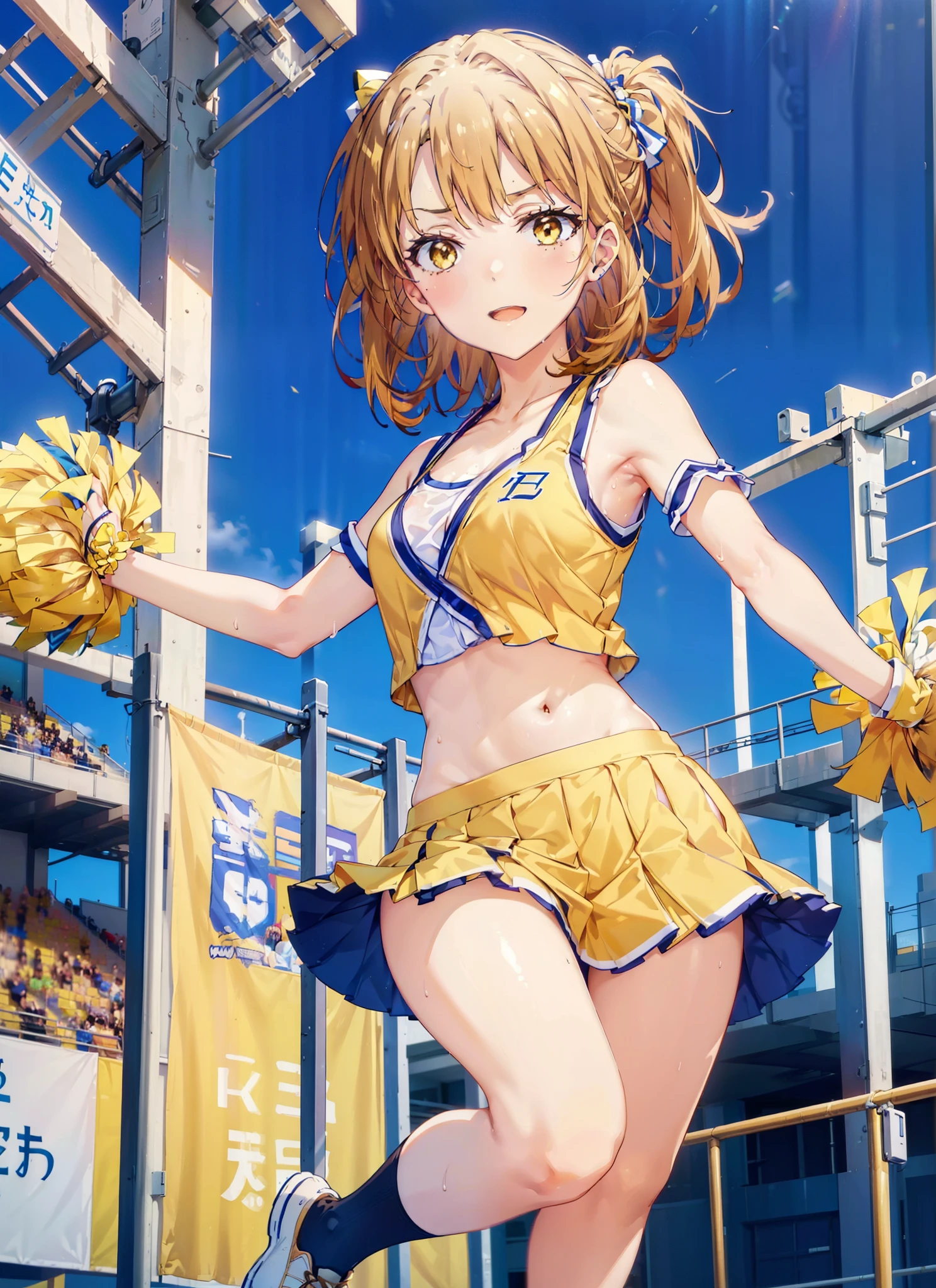 irohaisshiki, isshiki iroha, Long Hair, ponytail,Brown Hair, (Brown eyes:1.5), smile,Open your mouth,Pom-pomを両手に持っている,(Very delicate eyes), (Cheerleader), (whole body), Big Breasts, Lower, (Sweaty), Sweaty Wet Clothes, (Yellow clothes), Pleated skirt, Striped socks,sneakers,Belly button support, playground, (Jump), (Jump), 足を曲げてJumpする,Cheerleader, Pom-pom \(Cheerleader\), break outdoor ,Arena,運動場
break looking at viewer,
break (masterpiece:1.2), highest quality, High resolution, unity 8k wallpaper, (shape:0.8), (Beautiful and detailed:1.6), Highly detailed face, Perfect lighting, Highly detailed CG, (Perfect hands, Perfect Anatomy),