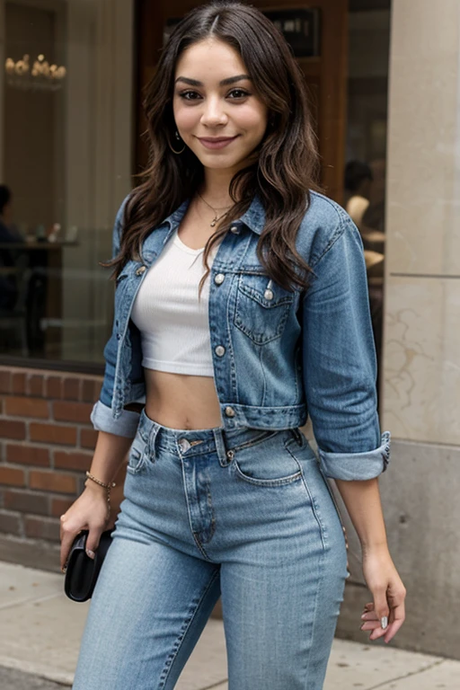 Cher Lloyd wearing cleavage v-neck shirt and skinny jeans and smiling