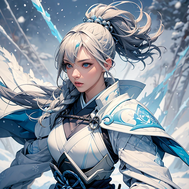 A female samurai dressed in an icy blue and white armor, her chest plate adorned with the emblem of a stylized snowflake. Her long hair, flowing past her shoulders, is tied back into a tight ponytail, held together by a chic silver hairpin. She stands in a regal pose, one hand resting on the hilt of her sword, the other holding a long, curved blade known as a naginata. The samurai's skin is pale, almost translucent, contrasting starkly with the vibrant blue of her eyes. Ice crystals glint in her eyelashes and sparkle on her armor, reflecting the faint light of a snow-covered battlefield. The snowflakes fall gently around her, dusting her armor and the frozen landscape in their ethereal beauty. The image conveys a sense of cold determination and unyielding strength, as if the samurai were a living embodiment of the harsh winter that has descended upon the land.