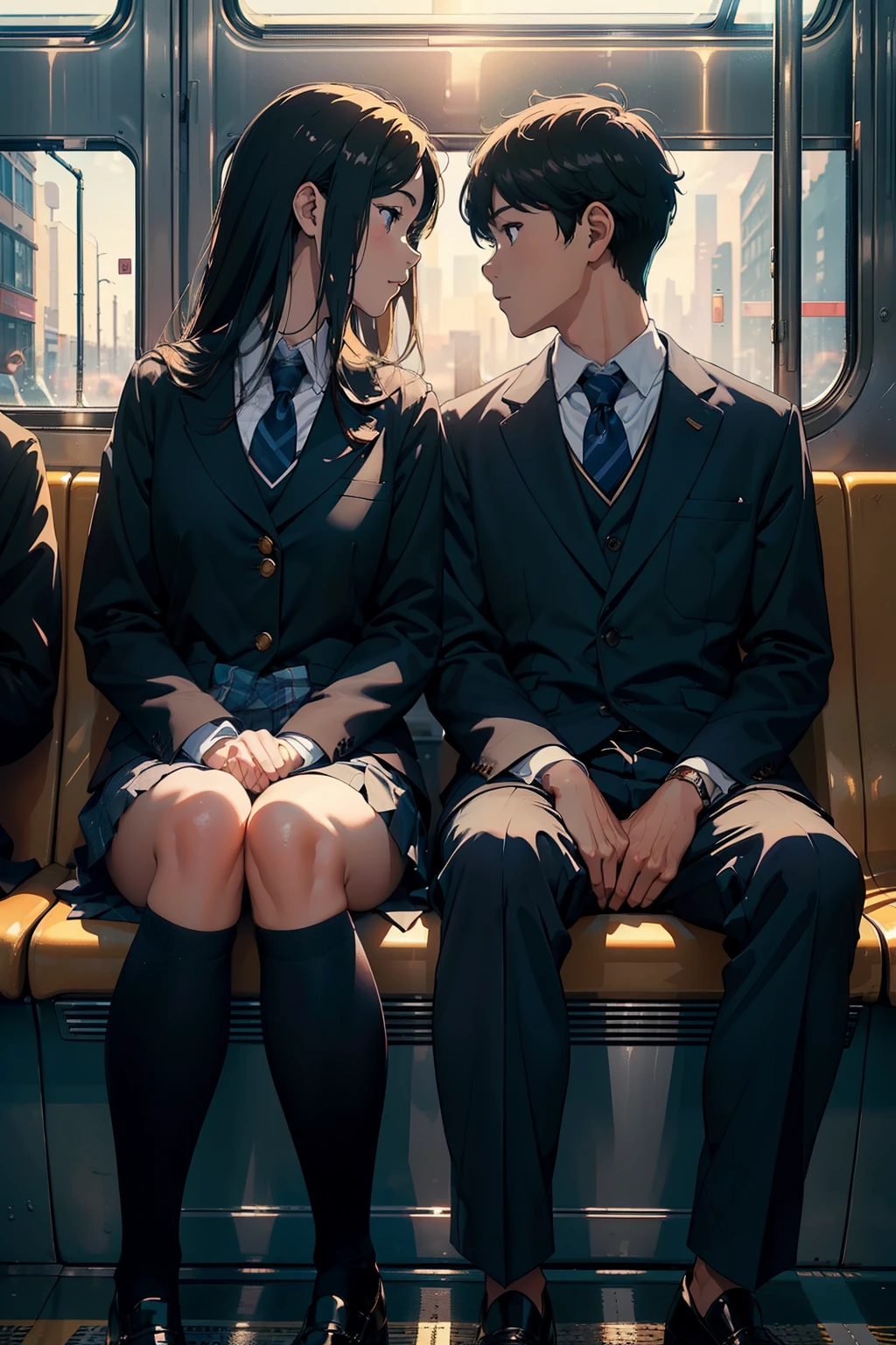 ((Masterpiece, Best Quality, Photorealistic))), (Shiny skin), (16K Wallpaper, High resolution), Perfect ???????, Soft Golden Hour Lighting, Warm and Intimate, Cinematic Composition, Depth of Field, Detailed Background Scenery, School Uniforms, Empty Train, Quiet Conversation, Boy and Girl, High School Age, Detailed Background, Urban Cityscapes, Late Afternoon, Blue Shadows, (1:1.5 ratio), (Full body shot), (Foot Level Angle), (Full Length Shot), (From the Side), (Looking at Each Other), (Subtle Smile), (Warm T