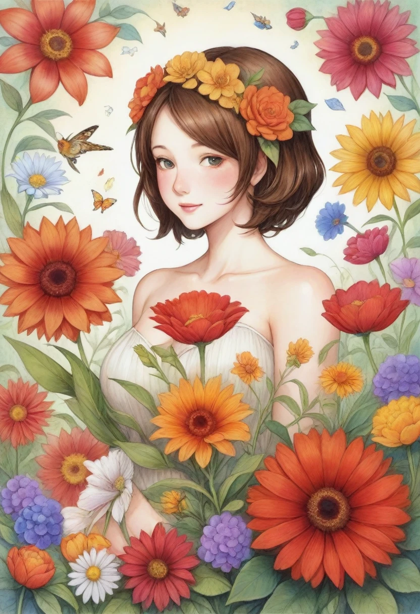 A woman with flowers on her head is an acrylic painting., Lucy Glenning style, Tony DiTerlizzi, Organic and natural composition, Floral Explosion, Ferris Pick, Light orange and brown, Calm face --ar 3:4 -