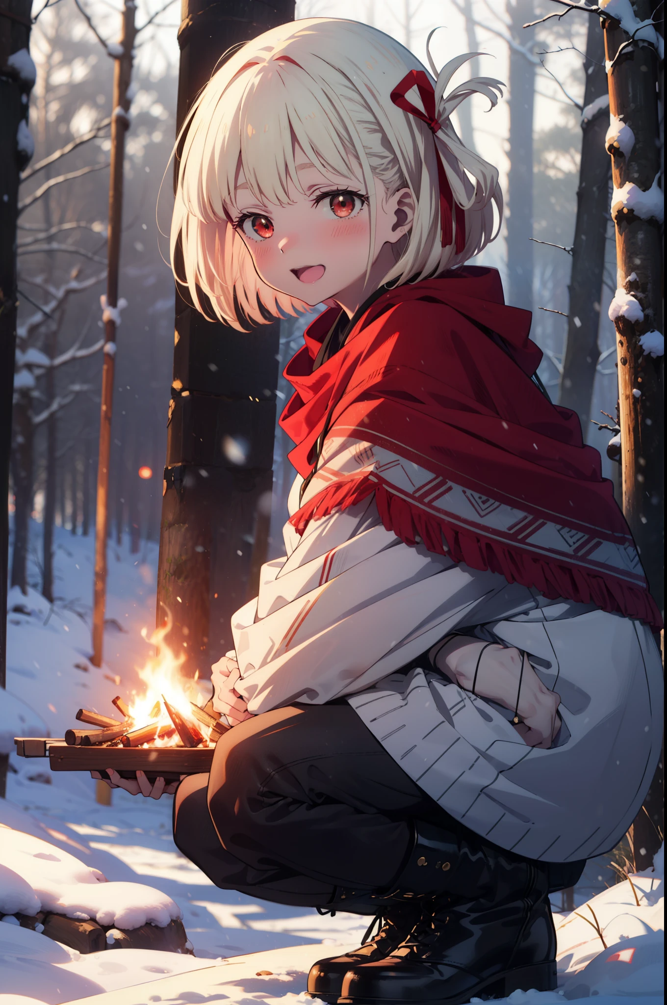 chisatonishikigi, Chisato Nishikigi, short hair, bangs, blonde, (Red eyes:1.5), Hair Ribbon, One side up, Bobcut,smile,blush,happy smile, smile, Open your mouth,
White Breath, Open your mouth,snow, Ground bonfire, Outdoor, boots, snowing, From the side, wood, suitcase, Cape, Blurred, Increase your meals, forest, White handbag, nature, Squat, Mouth closed, フードed Cape, winter, Written boundary depth, Black shoes, red Cape break looking at viewer, Upper Body, whole body, break Outdoor, forest, nature, break (masterpiece:1.2), highest quality, High resolution, unity 8k wallpaper, (shape:0.8), (Beautiful and beautiful eyes:1.6), Highly detailed face, Perfect lighting, Highly detailed CG, (Perfect hands, Perfect Anatomy),