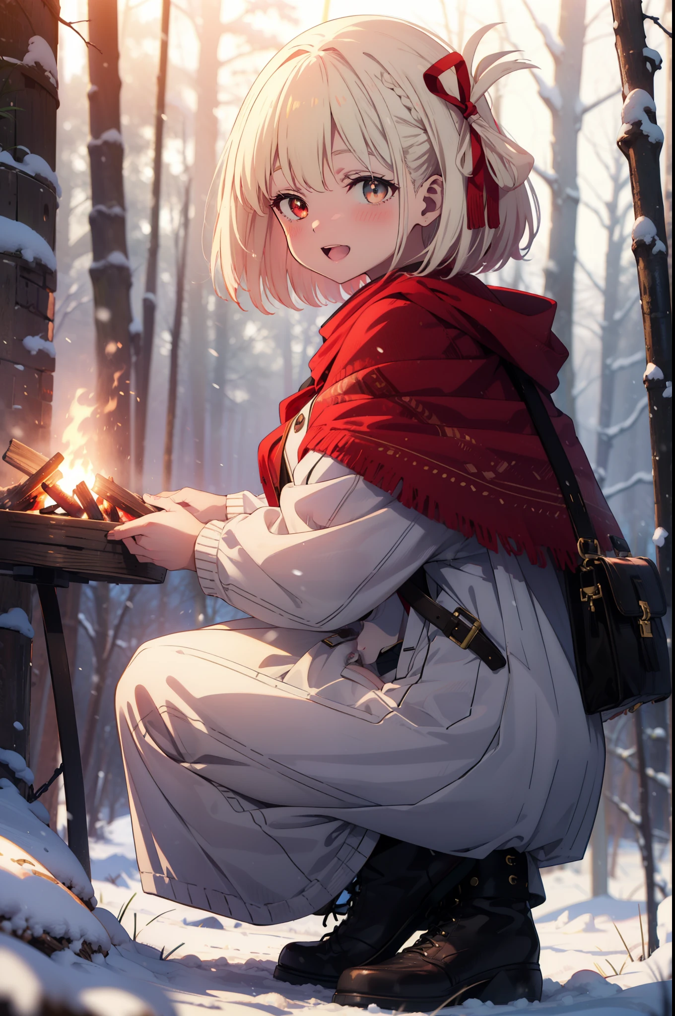 chisatonishikigi, Chisato Nishikigi, short hair, bangs, blonde, (Red eyes:1.5), Hair Ribbon, One side up, Bobcut,smile,blush,happy smile, smile, Open your mouth,
White Breath, Open your mouth,snow, Ground bonfire, Outdoor, boots, snowing, From the side, wood, suitcase, Cape, Blurred, Increase your meals, forest, White handbag, nature, Squat, Mouth closed, フードed Cape, winter, Written boundary depth, Black shoes, red Cape break looking at viewer, Upper Body, whole body, break Outdoor, forest, nature, break (masterpiece:1.2), highest quality, High resolution, unity 8k wallpaper, (shape:0.8), (Beautiful and beautiful eyes:1.6), Highly detailed face, Perfect lighting, Highly detailed CG, (Perfect hands, Perfect Anatomy),
