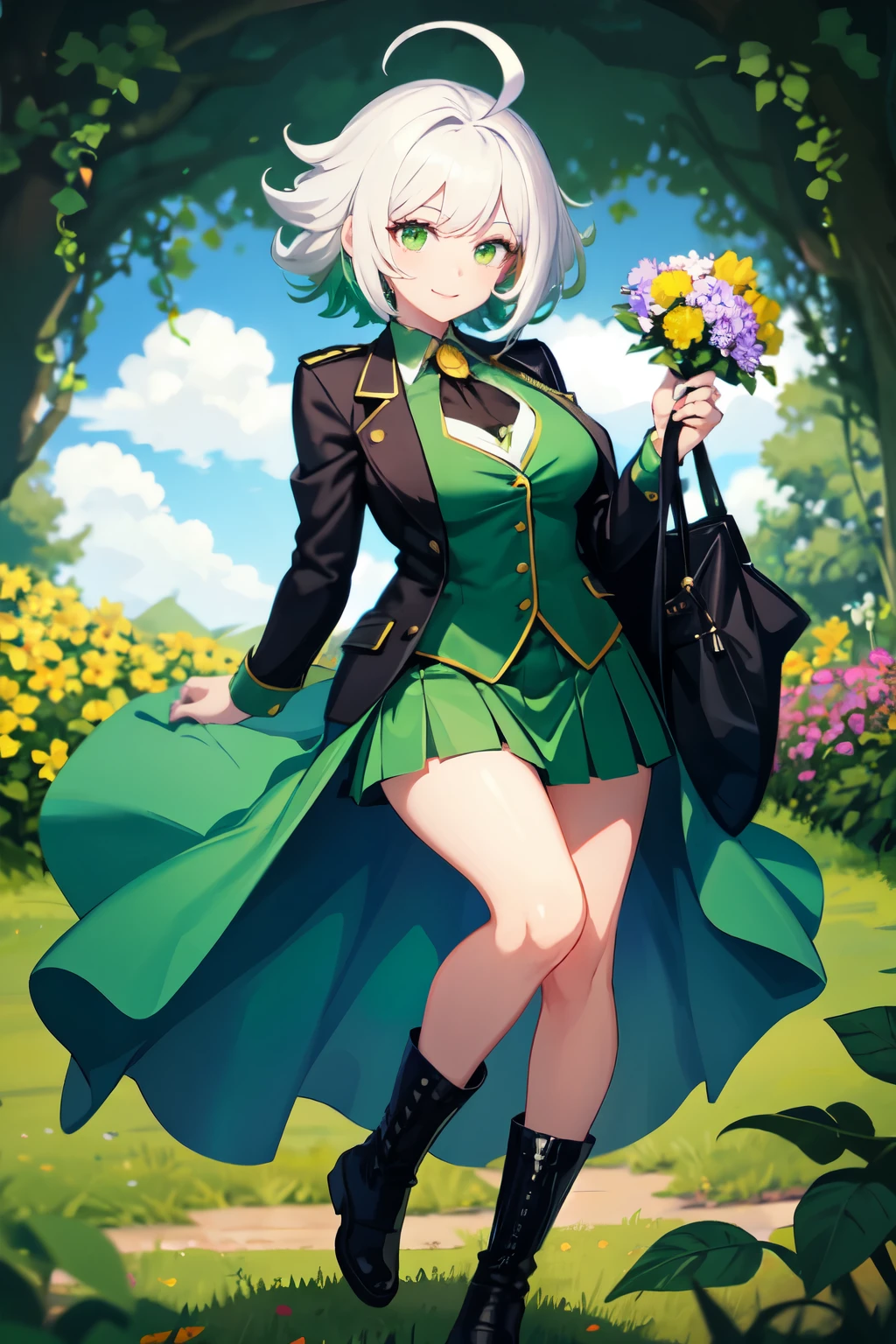 woman, white hair, green highlights, messy hair, spikey hair, ahoge, short hair, button up jacket, black jacket, short skirt, green skirt, combat boots, green eyes, smile, flowers, vines, green hair undertone, thick bangs, green cape, green cravat