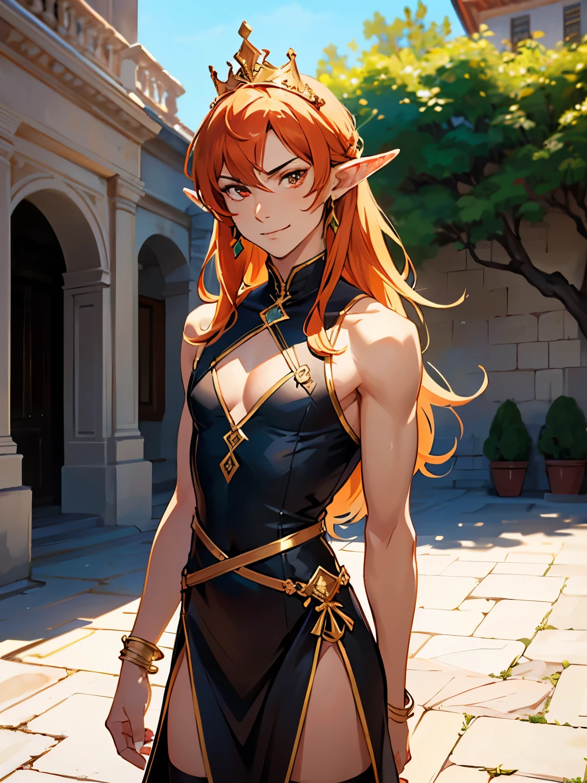 Masterpiece, best quality, (1_man), ((male body)), thin, handsome, flamboyant, tall, ((upper body)), walking, looking at the viewer, man chest, sinister face, (cocky smirk), smirking, long elf ears, earrings, orange hair, long hair length, red eyes, (((facing the viewer))), centered shot, portrait shot, looking at viewer, wearing beautiful gold elfish dress, tunic, tight clothes, sleeveless, golden bracelets, (arms behind back), golden crown, (thigh highs), dark eyeliner, beautiful appearance, masterpiece, high quality, sunny day, summer, tall white marble walls, courtyard, garden in a castle courtyard, medieval desert style,