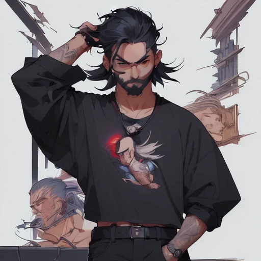 (masterpiece, best quality:1.2), Este es un retrato creativo y diverso de un rapero ninja futurista, con una barba corta y cabello largo en corte estilo ninja,, mostrando sus habilidades con armas avanzadas y una determinación feroz en sus ojos. Es una promesa de aventura, acción y música, todo envuelto en una estética de anime vibrante y emocionante."ropa estilo urbano.
