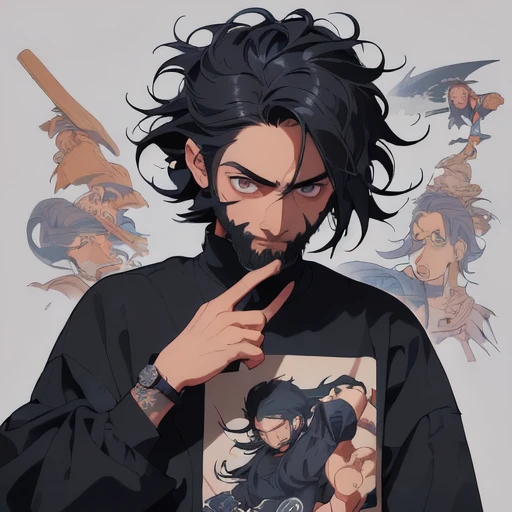 (masterpiece, best quality:1.2), Este es un retrato creativo y diverso de un rapero ninja futurista, con una barba corta y cabello largo en corte estilo ninja,, mostrando sus habilidades con armas avanzadas y una determinación feroz en sus ojos. Es una promesa de aventura, acción y música, todo envuelto en una estética de anime vibrante y emocionante."ropa estilo urbano.