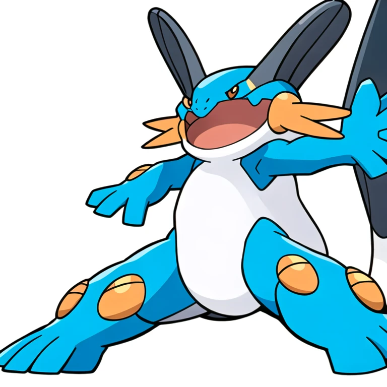 (masterpiece, best quality:1.2),solo,swampert \(pokemon\),pokemon \(creature\),full body,no humans,standing,orange eyes,happy,fin