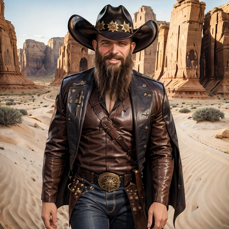 (masterpiece), (best quality), (solo), (1 man),, (epicRealLife Enhancer), (Caucasian male), (male), (cowboy outfit), (black cowboy hat), (full beards), (black trench coat), (black outfit), (cowboy jackets), (desert canyon background), (sun), (portrait), (cowboy shots), (look at viewer), (leather stripe), (cowboy gears), (cowboy shots), (cowboy boots),
