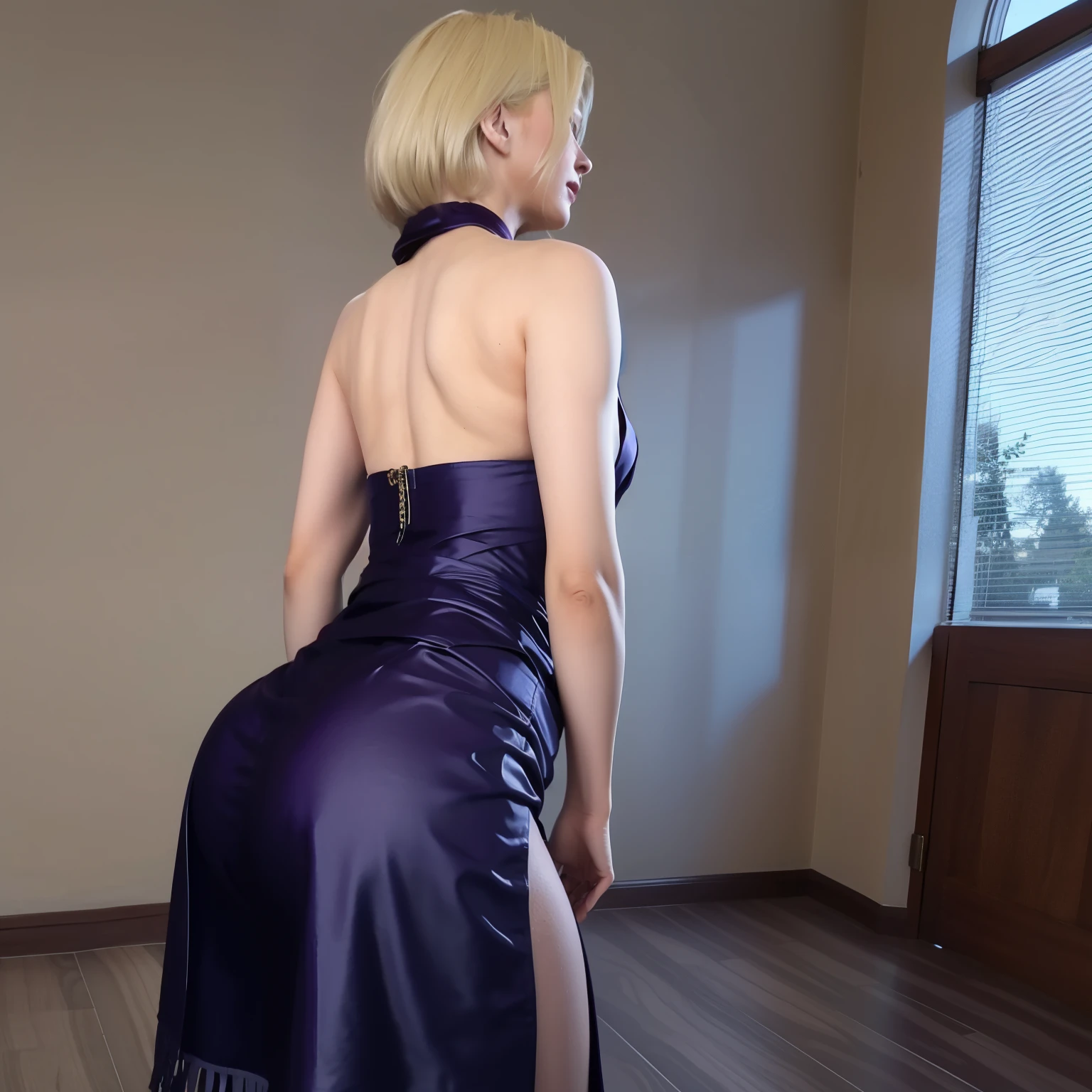 Nina williams, violet satin dress, flowing long dress, back view , round protruding ass, flowing satin skirt