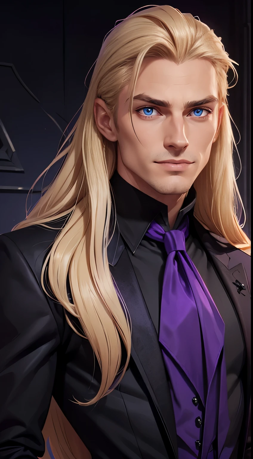 ((man)) (male), perfect face, evil smile, insane, crazy, Black coat, black suit, one young male, beautiful long hair, blond hair, blue eyes, purple victorian shirt, purple jabot, beautiful face, Pure blond straight hair, (long hair), Detailed hair, Blue Eyes, beautiful eyes