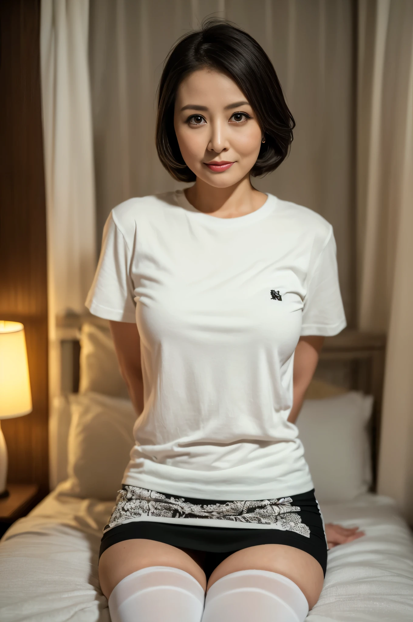 ((masterpiece, Better Quality, hight resolution, Photorealsitic:1.4, Raw photography, high quality image)), ((portrait:1.2)), 1Milf sitting on bedside, (wearing white short callored shirts, wearing black pencil skirt, black stocking), curvy shape:0.5, very detailed and professional lighting, (cute facial expressions),