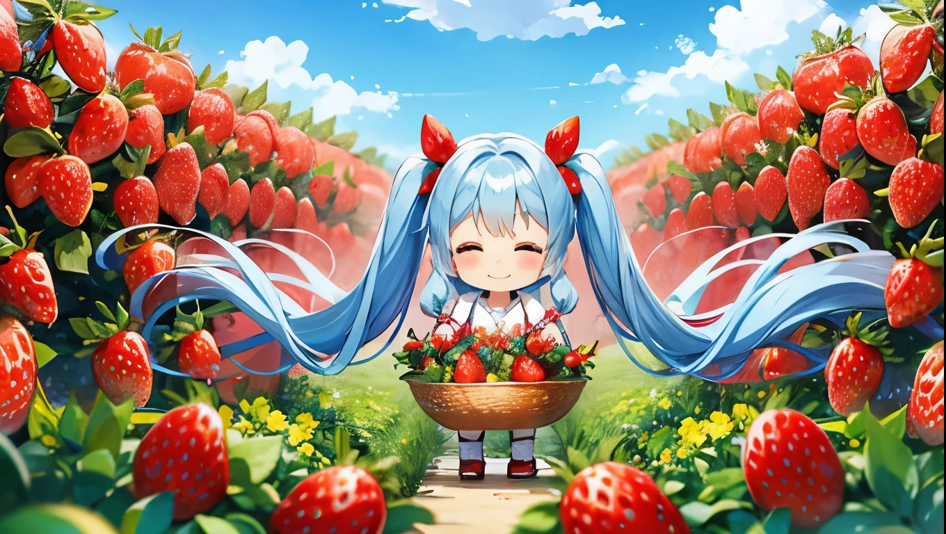 Light blue long hair、beautiful girl with twin tails、Happy smile、Strawberry field、Picking strawberries with a basket in hand、Clear blue sky、White cloud、Strawberry field、Lots of big strawberries、Chibi characters eating strawberries