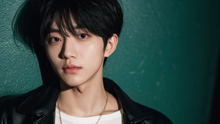 (Highly realistic photos, concentrate、High resolution, Detailed face, Detailed Hair,fine grain), ((Shooting in front of a wall))、Japanese men, 20-year-old, One boy,Only one person is in the photo、Natural look、 Upper body portrait,masterpiece,Kim Tae-hyung,Kim Taehyung\(BTS\),Stage makeup,Fair skin,Broad shoulders:1.5,(Black Hair, :1.2),((Wearing a black jacket)), shy,The intense neon lighting casts dynamic, colorful shadows on her face, emphasizing the lively energy of Tokyo's night life --ar 3:4 --style raw --stylize 250