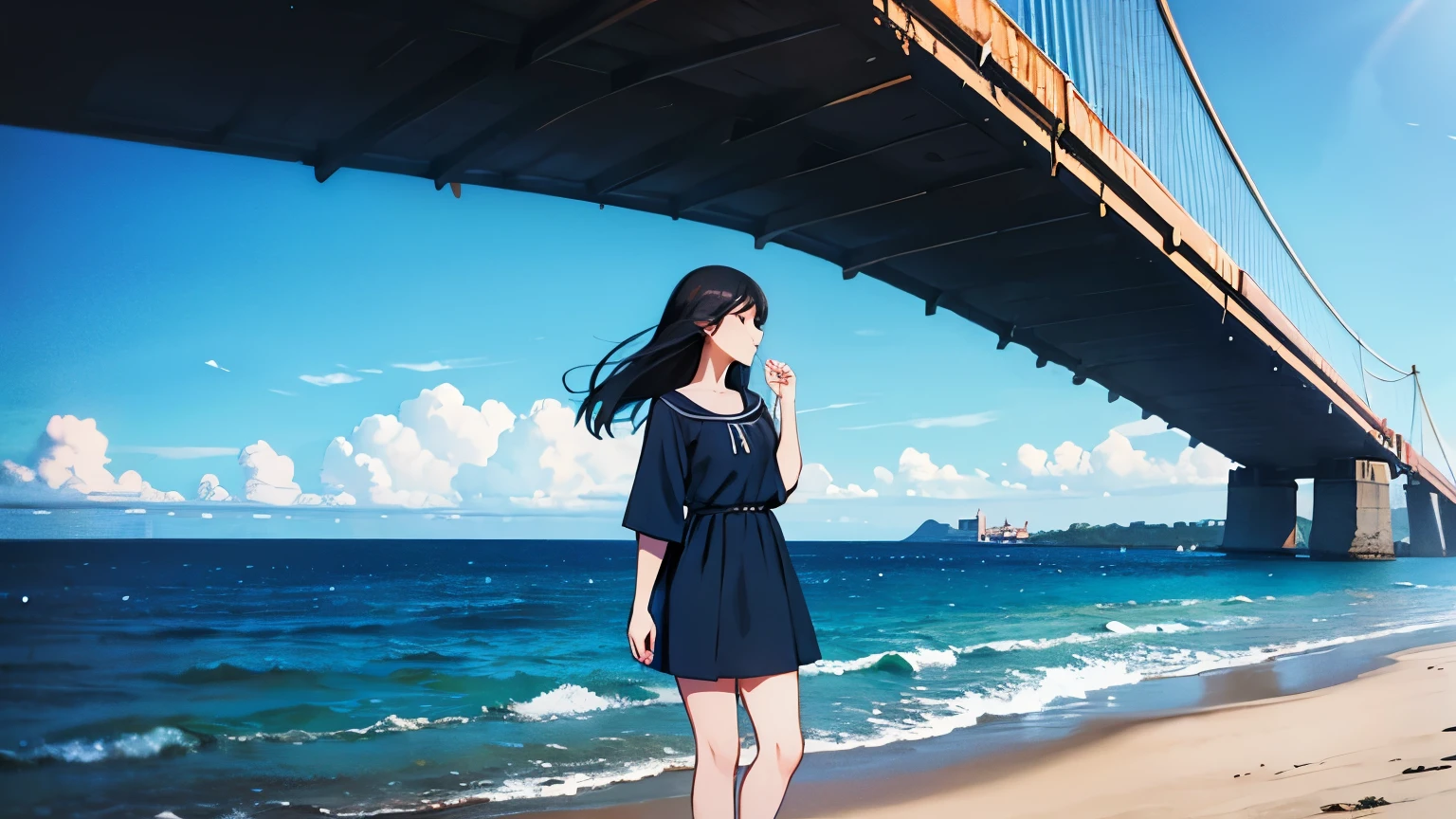 Black Hair Blue clothes girl coastal