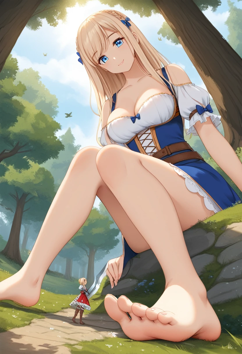 (miniature woman in front of the closeup feet of a giantess: 1.4), (a miniature woman in front of a giantess), (forest: 1.1), closeup breasts and face, (from below view: 1.2), cleavage, (very cute girly clothing that reveals breasts and thighs and panties: 1.1), (elven clothes sword), (medieval fantasy: 1.1), nipples, (fantasy outside: 1.1), (very low angle perspective: 1.2), (foot), barefoot, fields, sitting on ground, plains, (Very skinny and anorexic  small  young adult girl: 1.4), (very thin body: 1.1), thin waist, (closeup foot: 1.6), (foreshortening: 1.3), (2girls: 1.5), (height difference: 1.6), (size difference: 1.4), blue eyes, (young beautiful and cute blonde hair: 1.3)