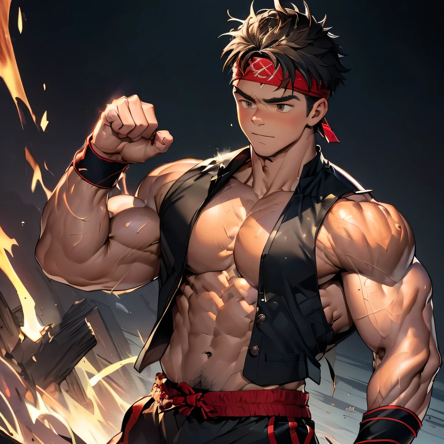 (Masterpiece, Best quality 19 year old boy, black background, bust shot, looking away), solo, Young, boy, muscler, Shirtless, topless, (Dark Short straight hair, under cut, brown eyes), (red headband, ((black wristband, short length tight open vest, mantle))), Vivid colors, (hot Abs:1.2, abs!, big abs, big breast:1.2, chest!, muscler upper arms), (topless male), muscler!, muscler, muscler body, (aura power:1.4), detailed face, detailed muscle, (((A magical mystical aura, rippling muscles, fighting pose)))