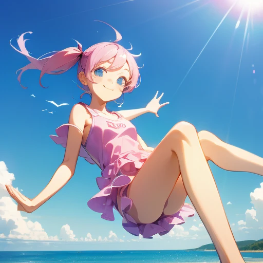 floating in the air, school, smile politely, twin tail, swimsuit, young girl, floating 10 meters