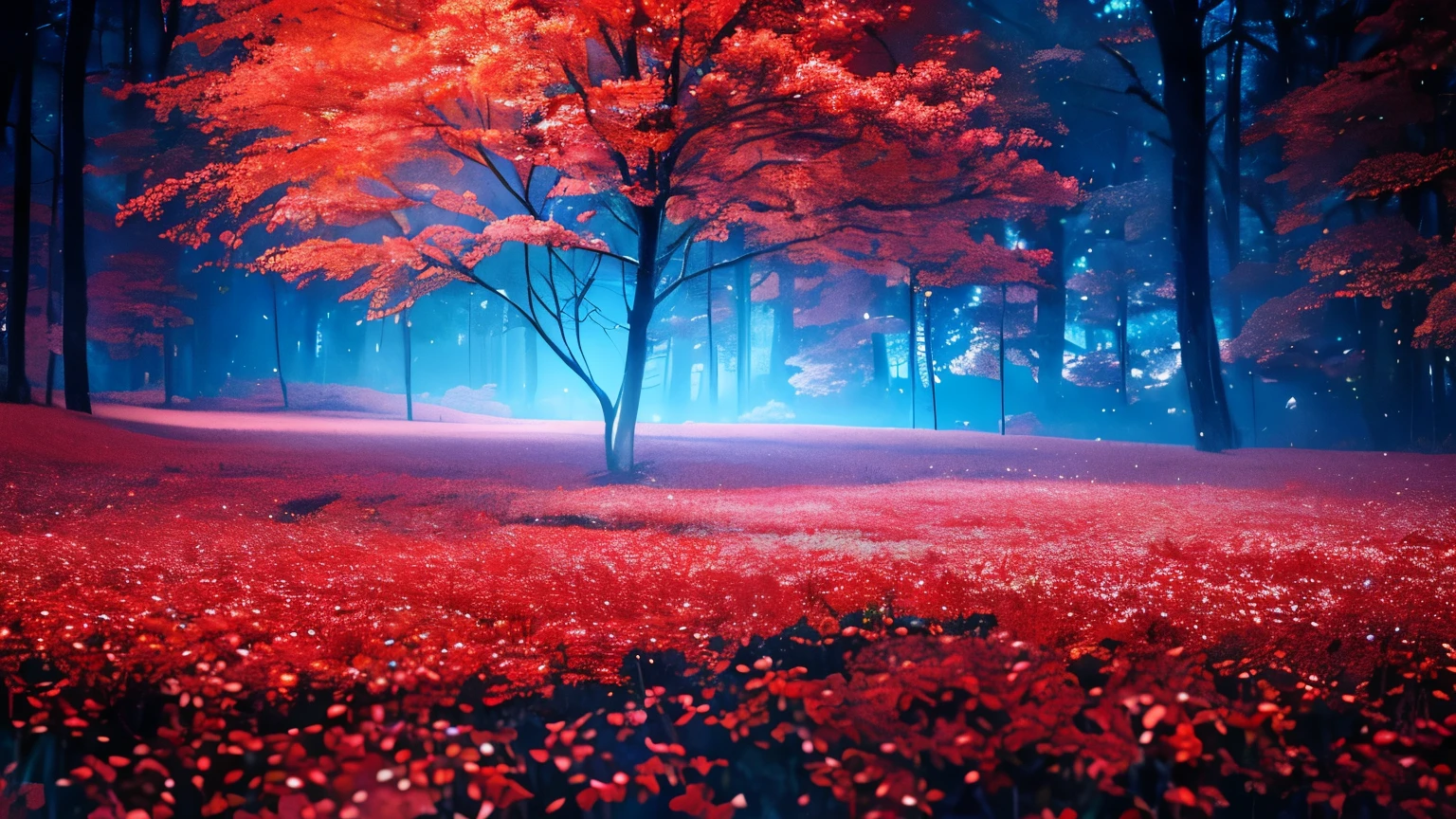 a lush red forest on the horizon, red higambina flowers, night sky, red moon, colorful fireworks, (best quality,4k,8k,highres,masterpiece:1.2),ultra-detailed,(realistic,photorealistic,photo-realistic:1.37),intricate details,vibrant colors,dramatic lighting,cinematic composition,fantasy landscape,mystical atmosphere,ethereal night