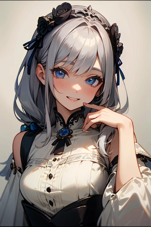 (masterpiece: 1.2, highest quality), (Actual Photos, Intricate details), 1. woman, alone, Upper Body, casual, Shoulder-length hair, Minimal makeup, Natural materials, Face close-up, smile, Home, Gray Hair, blue eyes, Shoulder Bare、優しいsmile、the face remains the same、gorgeous hair accessory、Smiling with teeth showing、