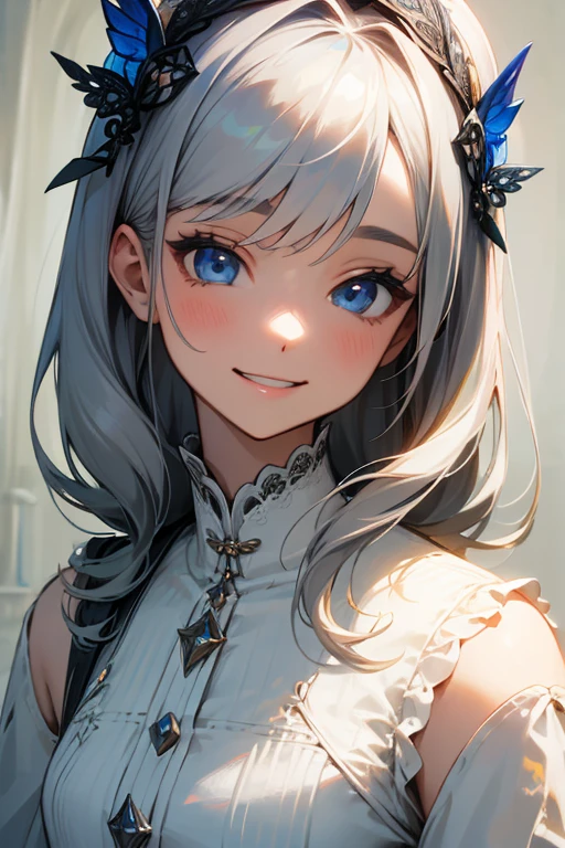(masterpiece: 1.2, highest quality), (Actual Photos, Intricate details), 1. woman, alone, Upper Body, casual, Shoulder-length hair, Minimal makeup, Natural materials, Face close-up, smile, Home, Gray Hair, blue eyes, Shoulder Bare、優しいsmile、the face remains the same、gorgeous hair accessory、Smiling with teeth showing、