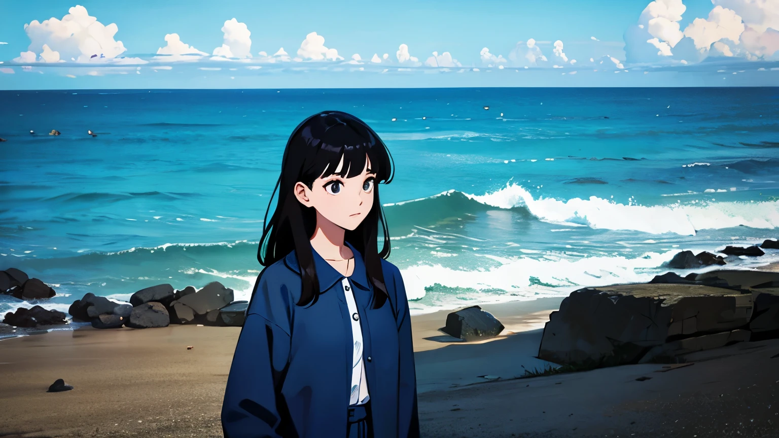 Black Hair Blue clothes girl coastal