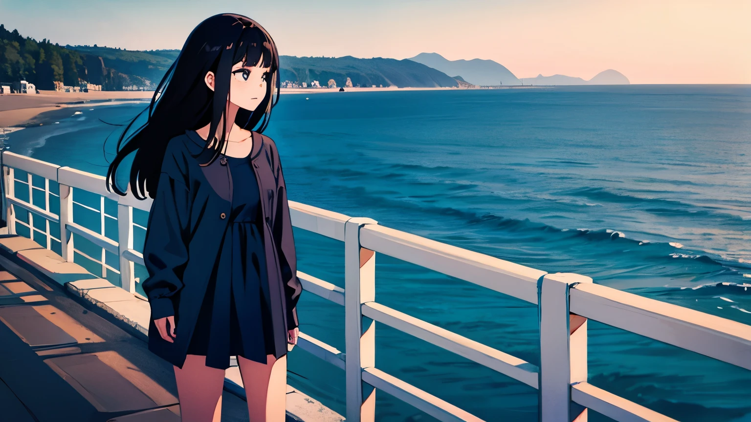 Black Hair　Blue clothes　girl　coastal
