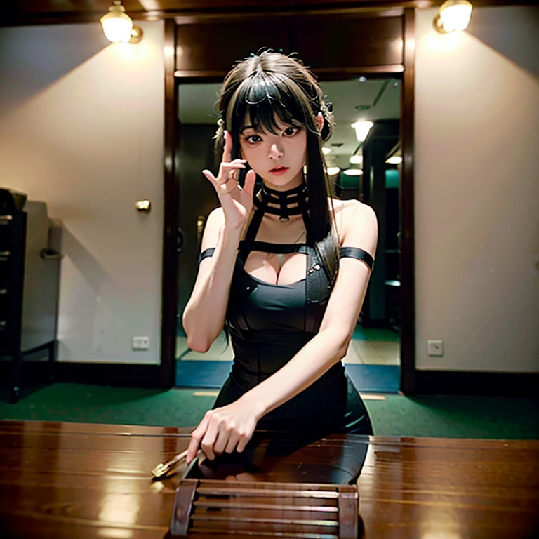 (8k, RAW photograph, highest quality, masterpiece:1.3),(Genuine,photograph:1.37),(Looking at the audience:1.331),Pause,One girl,とてもbeautiful顔,small,Hair weight,Fluffy hair,Random representation,Big eyes,highest quality Hair,((highest quality)), ((masterpiece)), (detailed), whole body、wallpaper、Attention to detail、Perfect balance、Tight waist、Chestnut Hair、beautiful, Beautiful Skin、beautiful white skin、(masterpiece:1.3), 一眼レフphotograph、Best image quality: 1.4, (Rough long hairstyle:1.2)、(Soft Breasts)、small胸、Cleavage:1.2、Spy x Family Yol Forger Costume、Spy x Family、She delivers a spin kick.、In combat