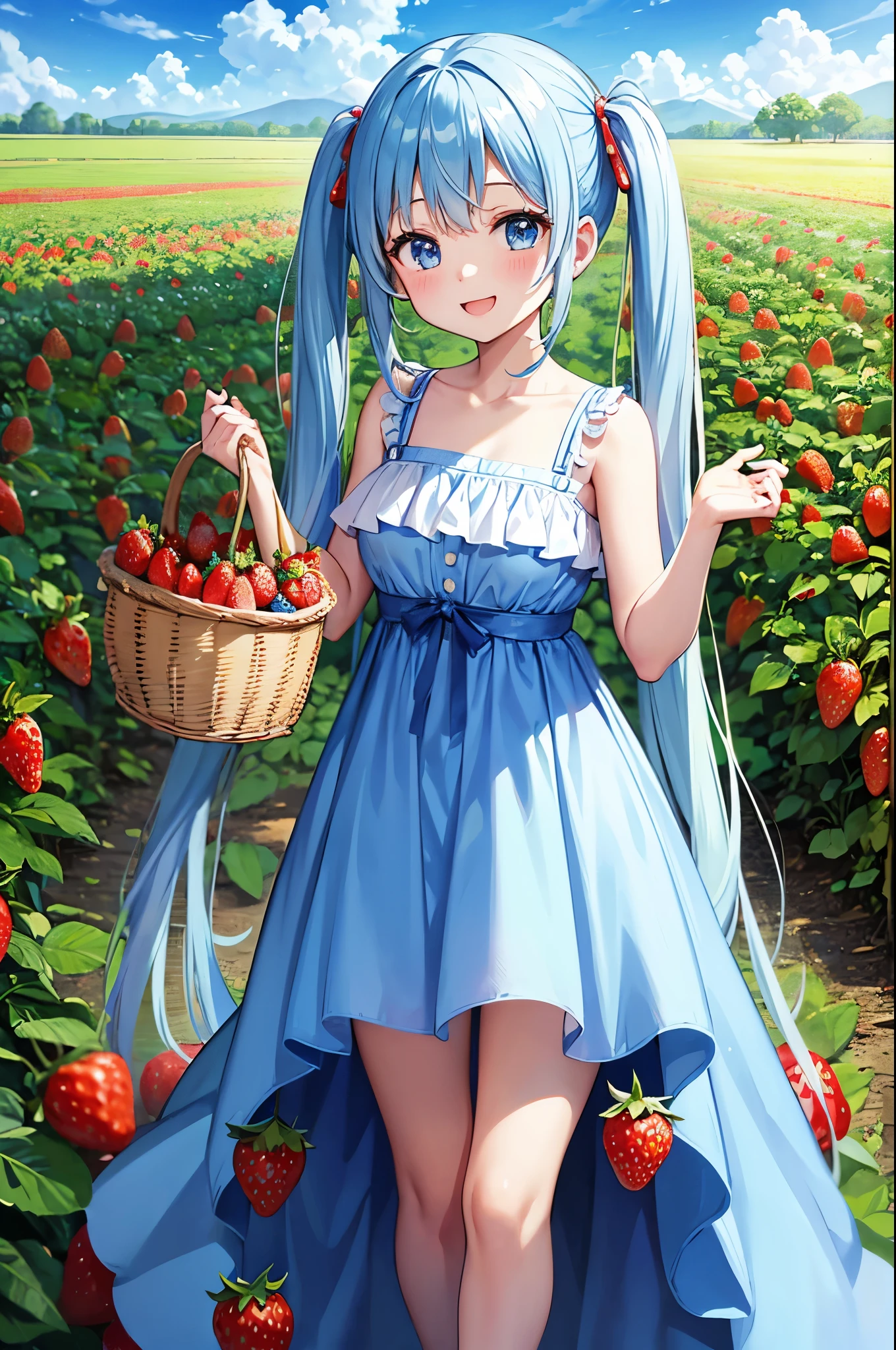 Light blue long hair、Beautiful girl with twin tails、With Chibi Characters、A happy smile、Strawberry field、Picking strawberries with a basket in hand、Clear blue sky、White cloud、Strawberry field、Lots of big strawberries