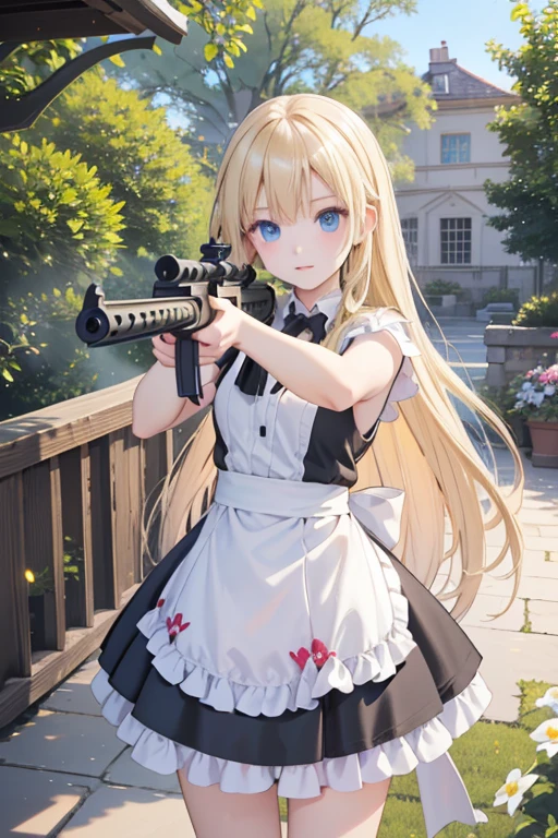 (8k, highest quality, Tabletop:1.2)、Ultra-high resolution, ****************, Perfect Fingers, Detailed face, blue eyes, blonde, Straight hair, Long Hair, Black maid outfit,  Western-style building、garden、aiming at viewer、Leverage Action, M4 carbine、Gunfire